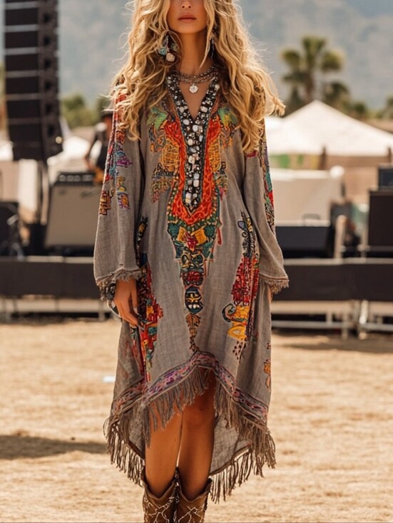 Lovely Rosetta Dresses & Skirts - Boho Embroidered Fringe V-Neck Tunic Dress